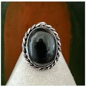 Silver-Tone Oval Black Cabochon Rope Bezel Ring